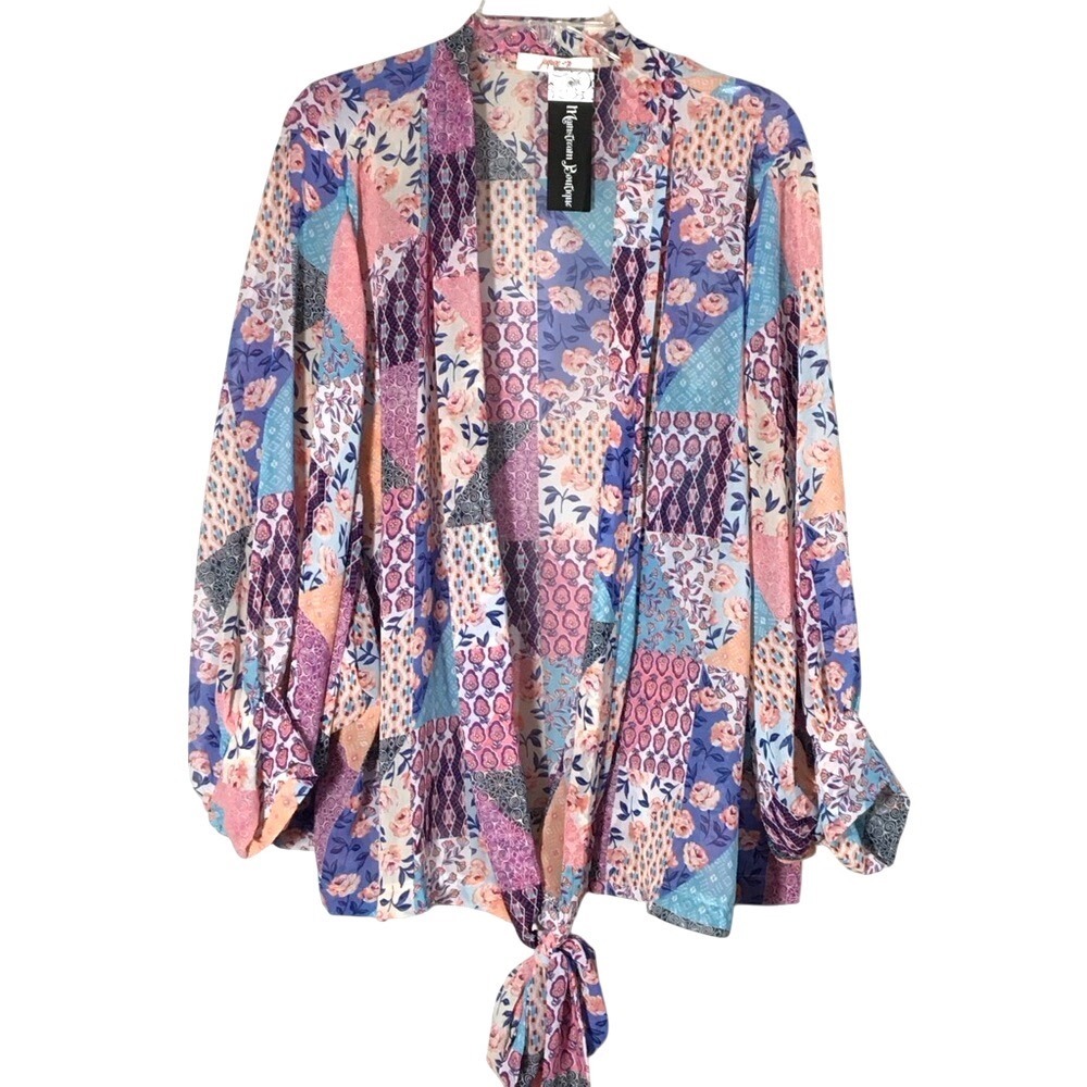 Jupee Abstract Front Tie Shirt Patchwork Floral Blue‎ Pink JP65P2 Size L NEW